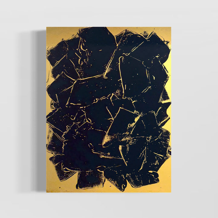 expressionistic swatches in many directionsof black paint on shiny gold foil smooth surface by artist m clark
