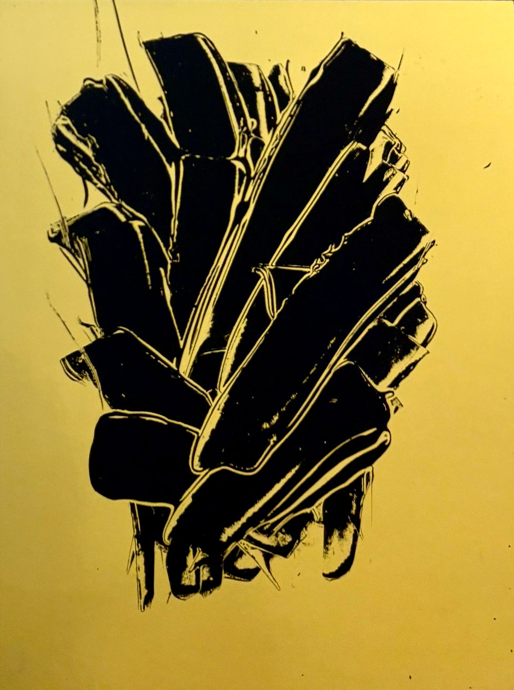 expressive flourishing strokes swatches in black vertical overlapping in black paint in smooth shiny reflective gold surface by m clark