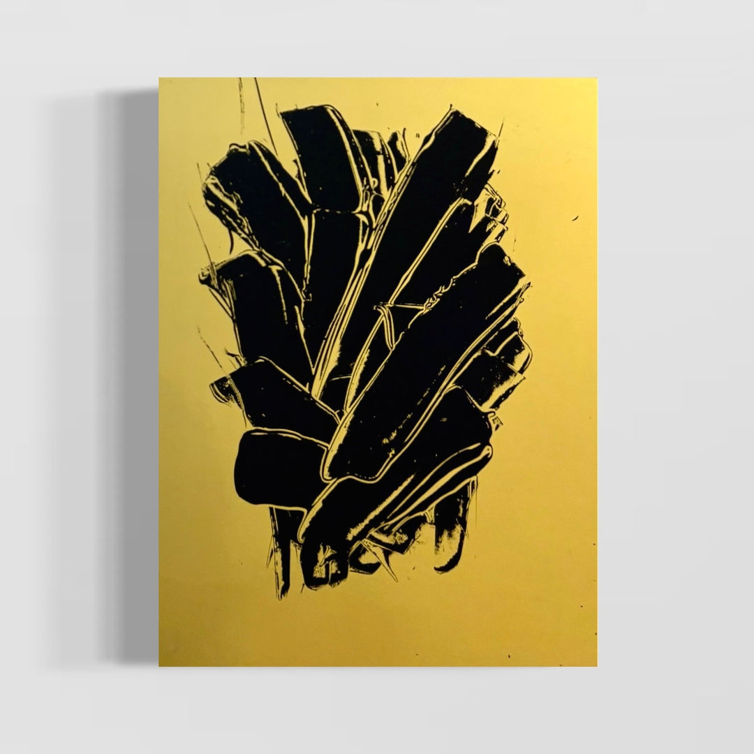 expressive flourishing strokes swatches in black vertical overlapping in black paint in smooth shiny reflective gold surface by m clark