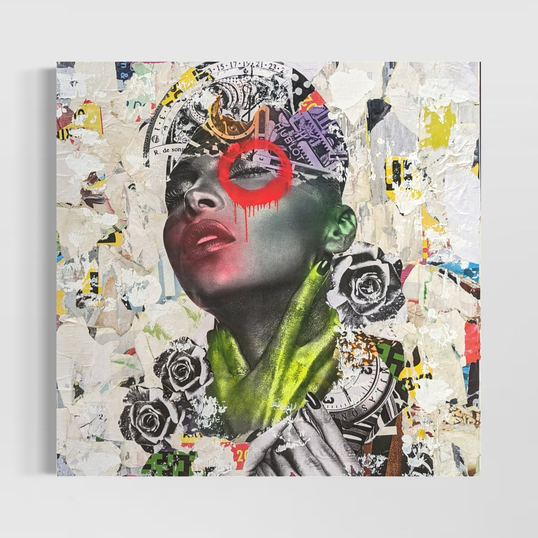 48" x 48" Acrylic paint, spray paint, wheat-paste, vintage advertisements, printed fragments on canvas. Woman&
