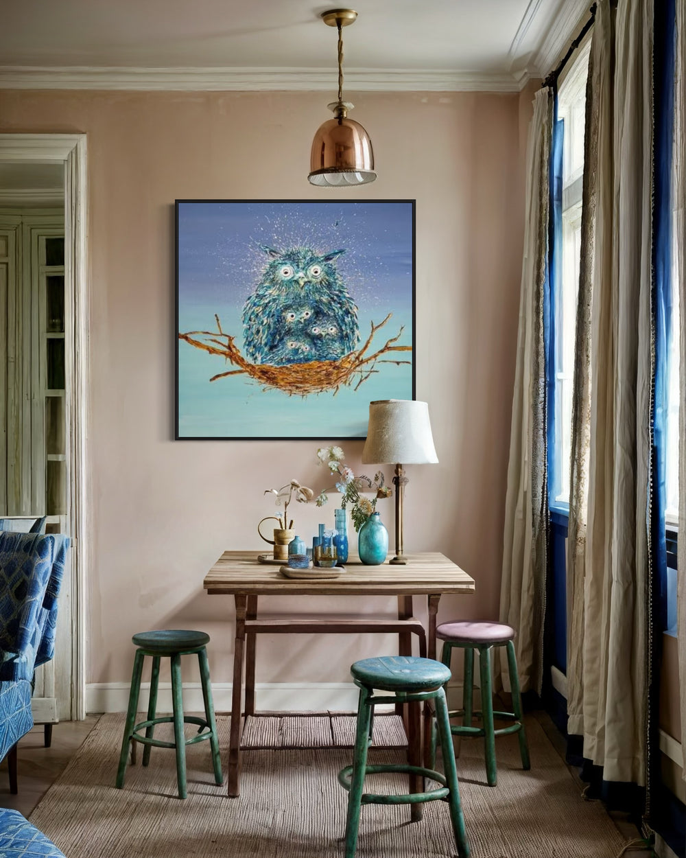40" x 40" acrylic on canvas painting of a family of blue birds in a nest over a light to dark blue gradient background. 
