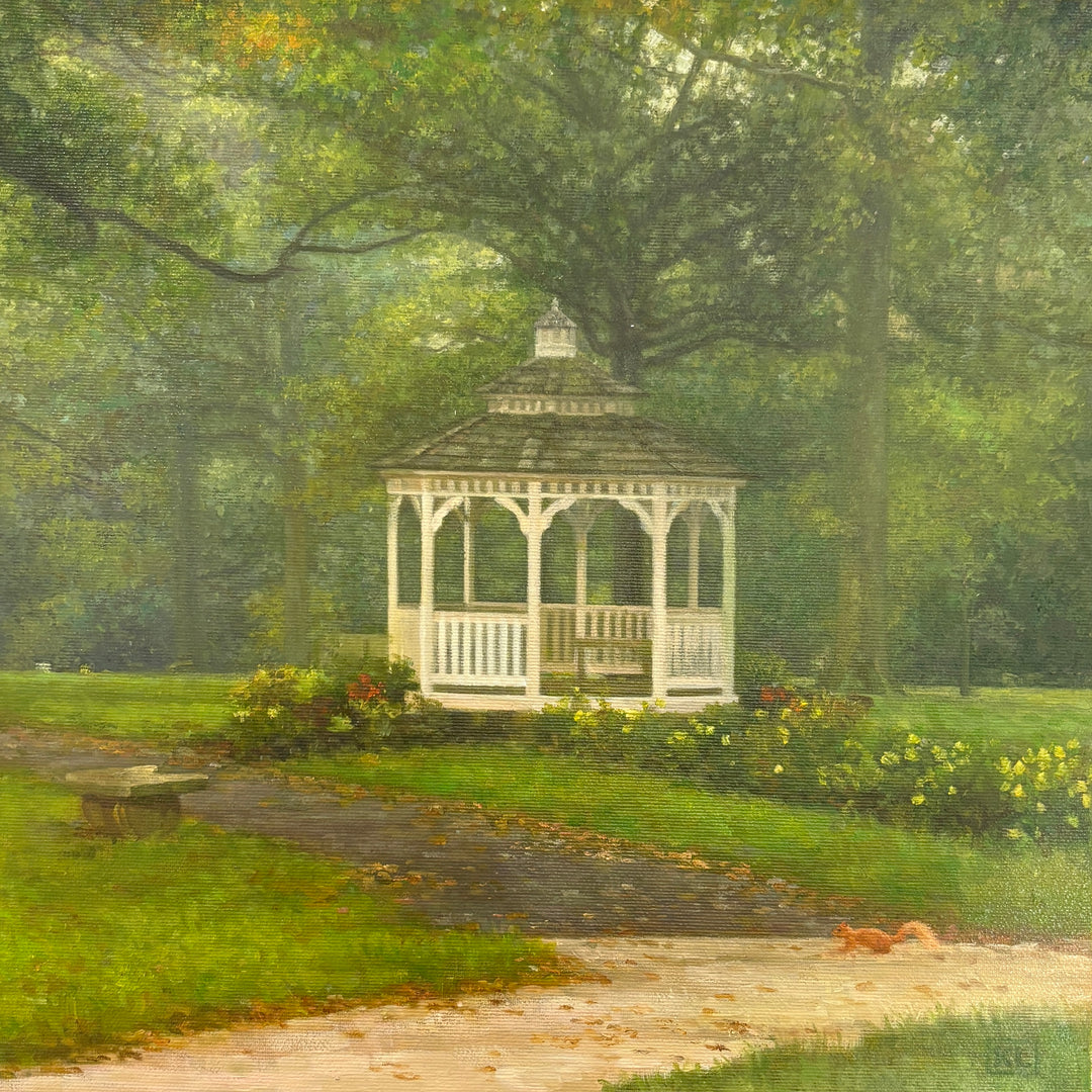 Oil painting of a white gazebo surrounded by lush green grass and trees