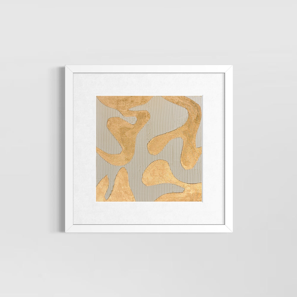 minimal geometric abstract organic shape in gold with lines  straight on beige light  background