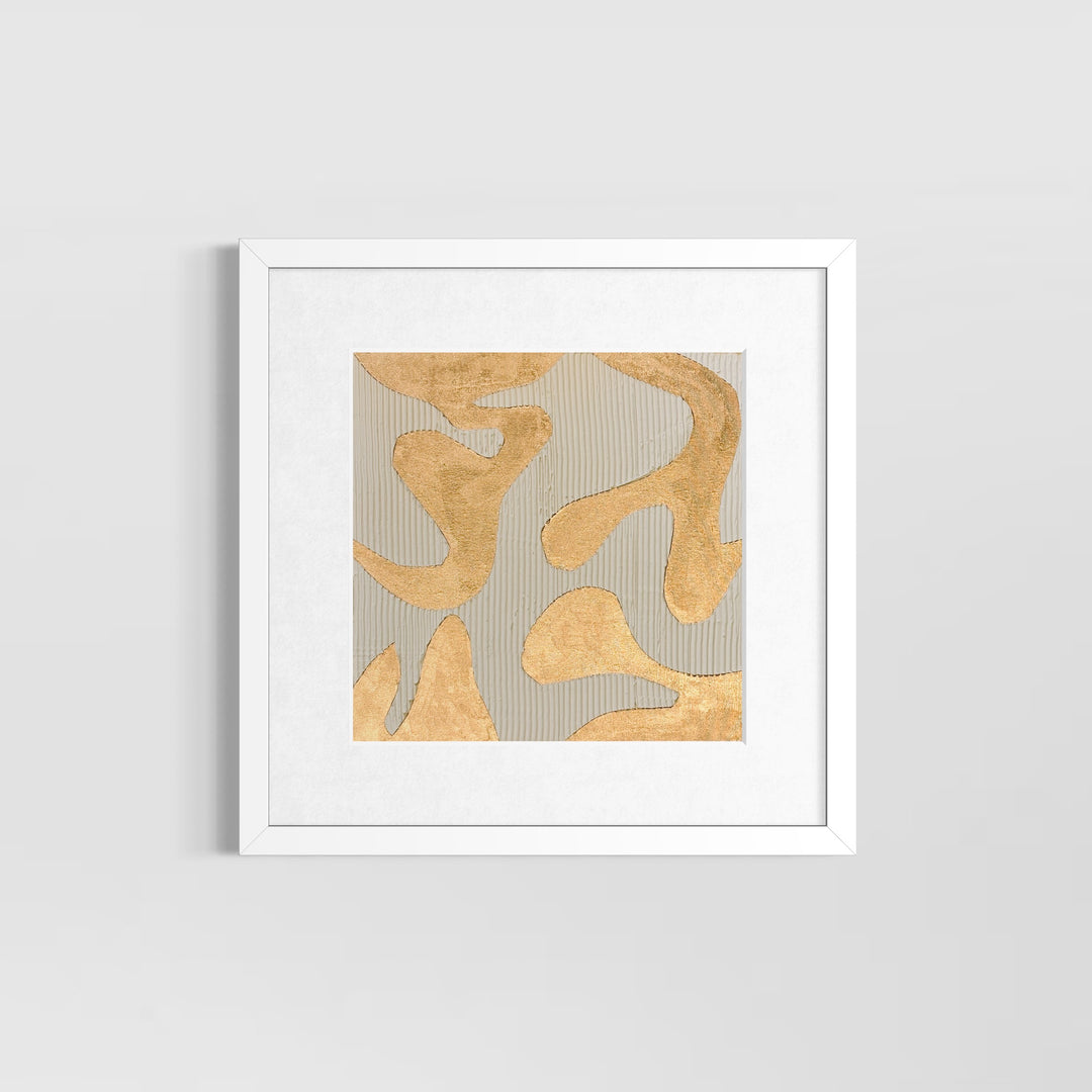 minimal geometric abstract organic shape in gold with lines  straight on beige light  background