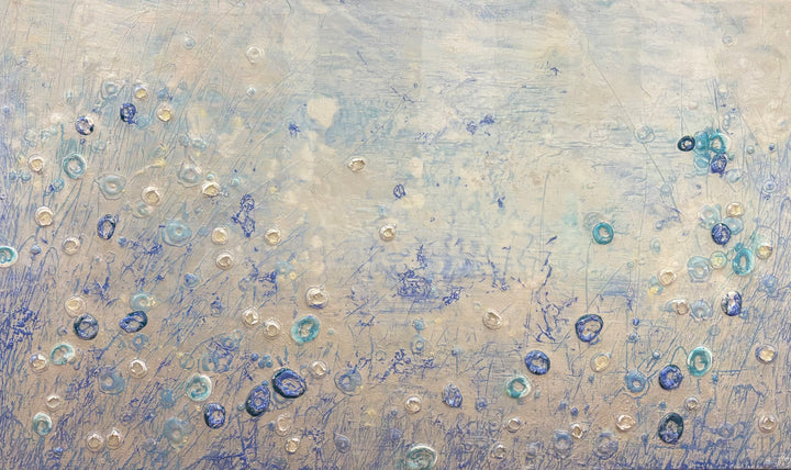 Abstract landscape in cold blue ice white colors organic blob spots of 3 dimensional paint resin  textured  layered  by eric heitmann