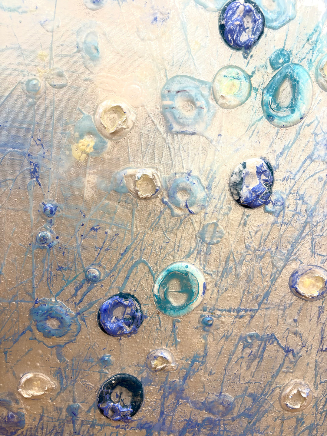 Abstract landscape in cold blue ice white colors organic blob spots of 3 dimensional paint resin  textured  layered  by eric heitmann