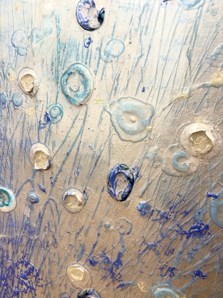 Abstract landscape in cold blue ice white colors organic blob spots of 3 dimensional paint resin  textured  layered  by eric heitmann