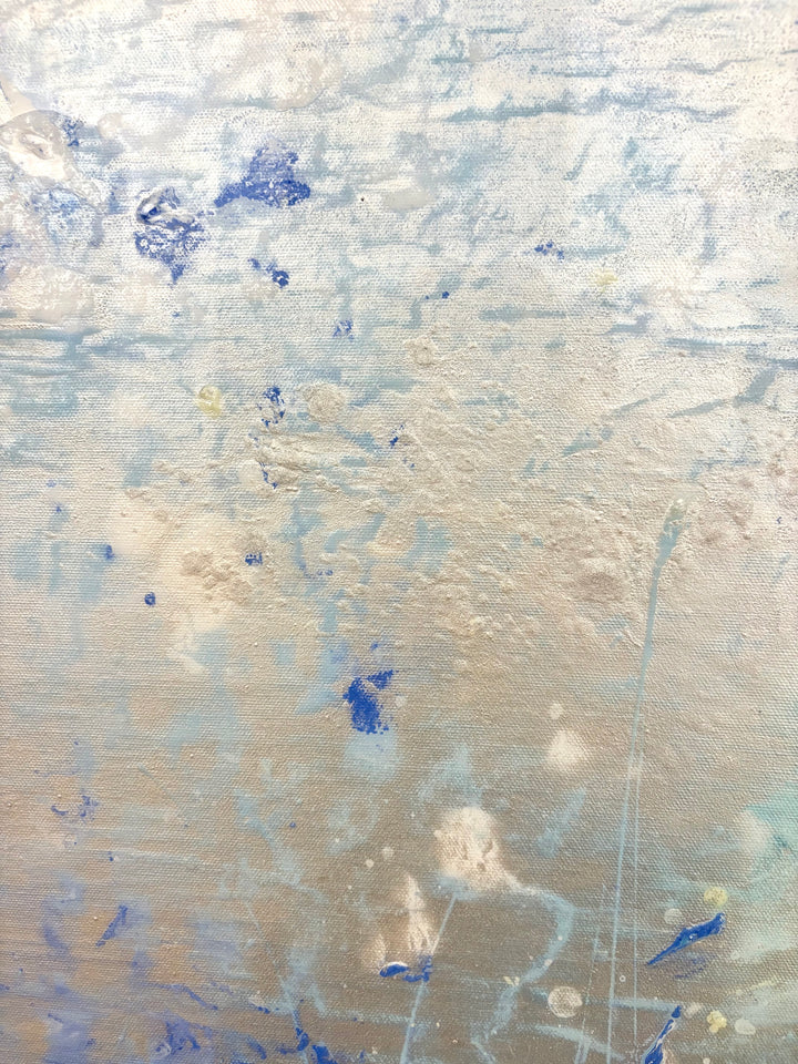 Abstract landscape in cold blue ice white colors organic blob spots of 3 dimensional paint resin  textured  layered  by eric heitmann