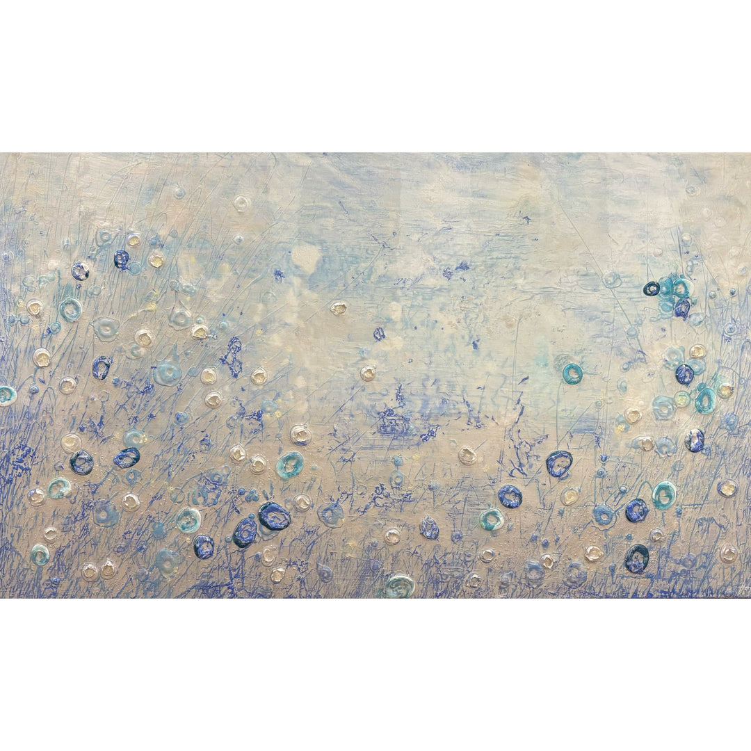 Abstract landscape in cold blue ice white colors organic blob spots of 3 dimensional paint resin  textured  layered  by eric heitmann