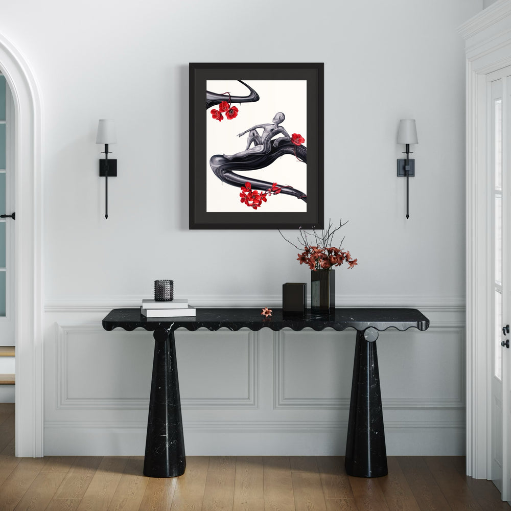 A reflective humanoid figure lounges on a flowing, black, inky structure with red cherry blossoms surrounding them, on a stark white background. Hand drawn artwork done with pencil and marker on paper.