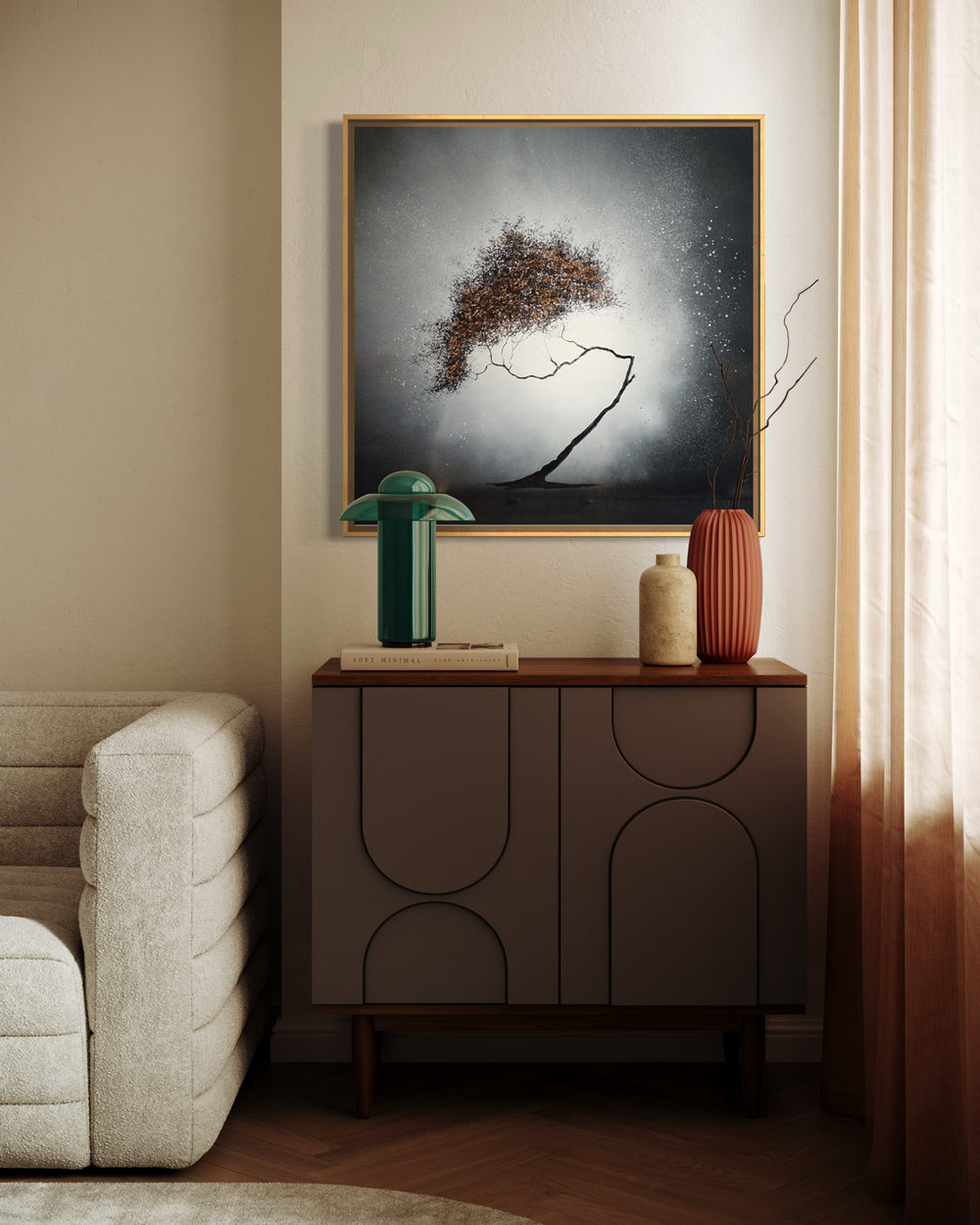Julien Rey, Ma Provence, lacquer and gold leaf on board, 31 x 31 inches, shown framed above a wood credenza with arched cutout doors, a green table lamp, and ceramic vases.