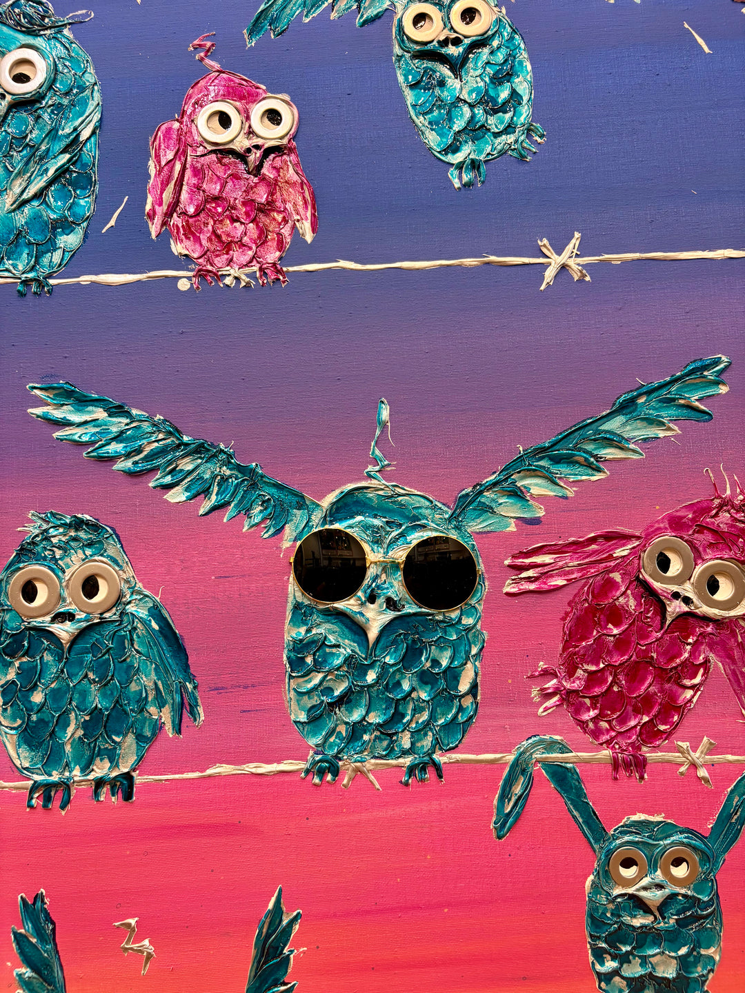 48" x 48" acrylic on canvas painting of pink and blue birds on barbed wire over a yellow-pink-blue gradient background. 