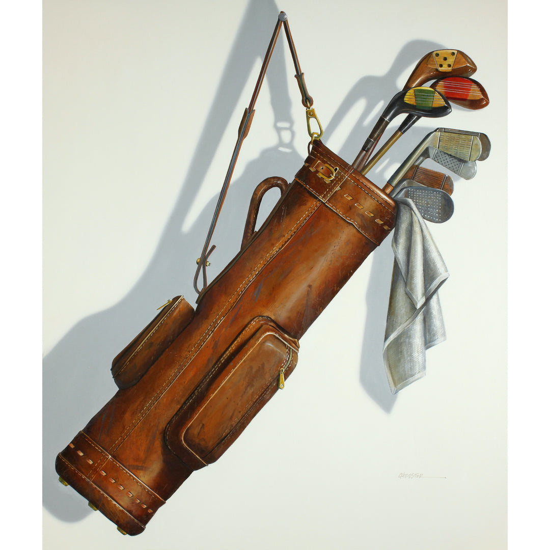 realistic antique leather golf bag with golf clubs and rag painted in oil on canvas. Minimalist off white background. 38"X45"