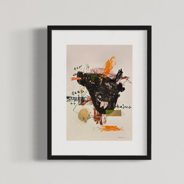 Abstract mixed media artwork on paper by Laurent Dorchin in brown, pink, orange and white. Organic linework and minimal illustrations with collage and text elements.