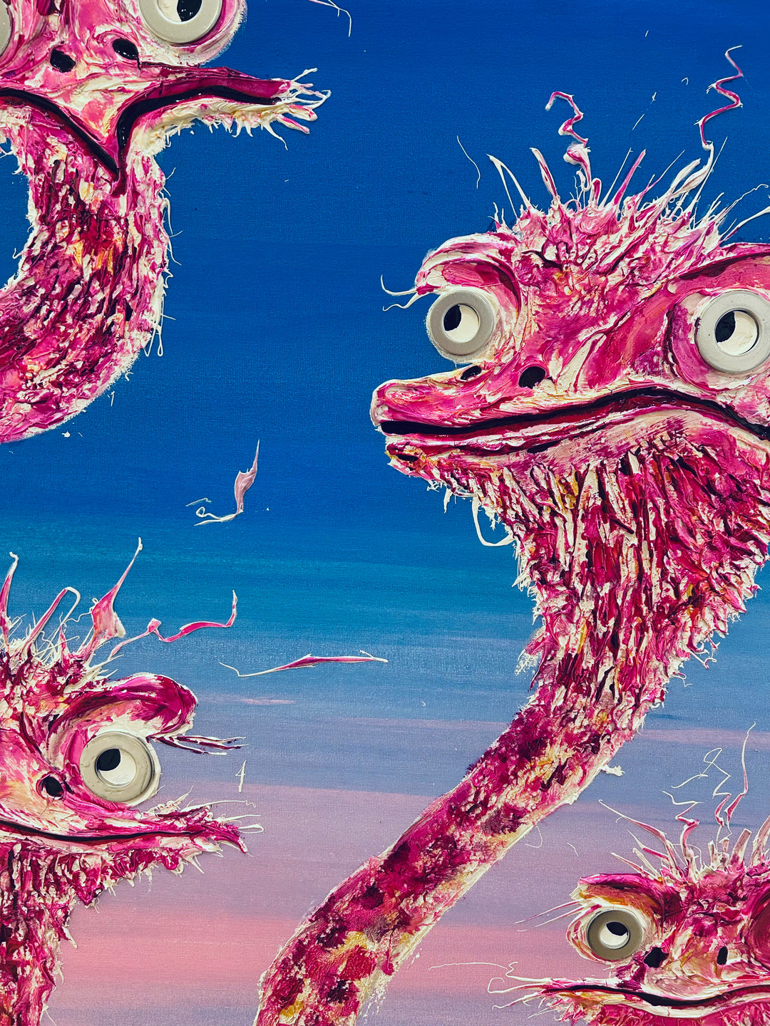 40" x 40" acrylic on canvas painting of a family of pink flamingos over a blue-pink gradient background. Washers used as eyes. 