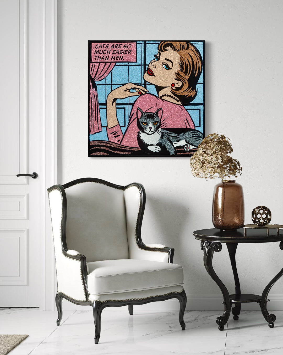 Glass mosaic artwork by Sarah Fishbein of a woman and her cat in the style of a 60s comic. The woman is in light link that matches the speech bubble with a light blue background