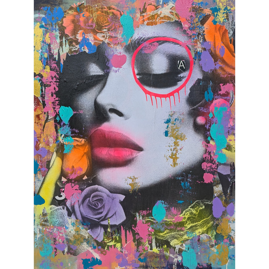 36"W x 48"H Acrylic paint, spray paint, wheat-paste, vintage advertisements, printed fragments on canvas. A woman's face with neon details and DAIN's signature circle around the eye. 
