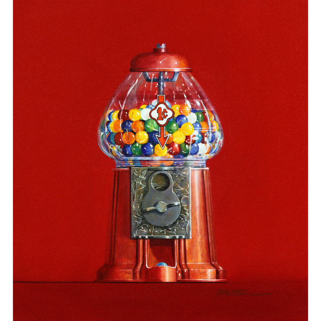 Realistic painting of a red vintage 1 cent gumball machine with rainbow gumballs. 20"x22" oil on canvas. Minimalist red background.