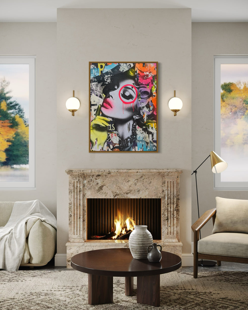 30"W x 40"H Acrylic paint, spray paint, wheat-paste, vintage advertisements, printed fragments on canvas. Posed woman surrounded by neon graphics with DAIN's signature circle over her right eye.