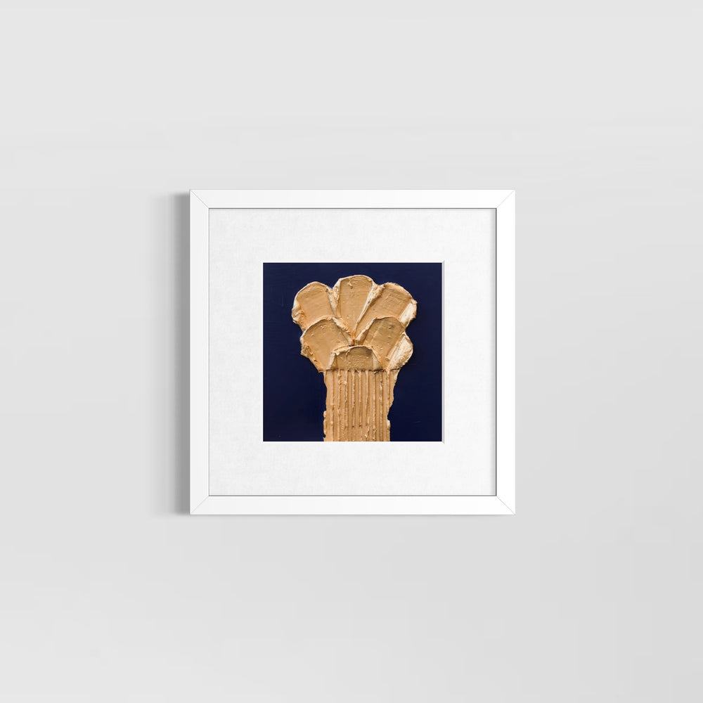 golden layered joint compound texture sculpted abstract floral bouquet on matte dark blue background