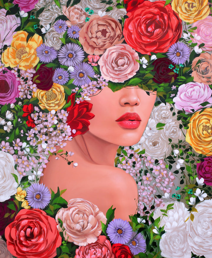 58"W x 70"H Acrylic portrait on canvas. Woman looking over her shoulder with flowers covering the top half of her face and making up the background. 