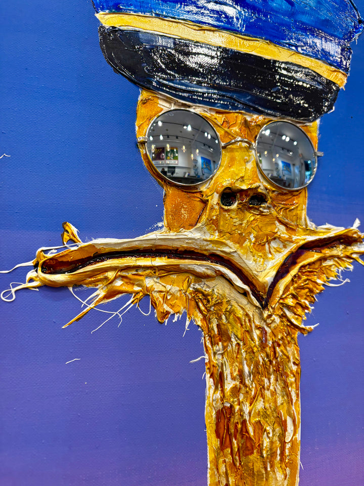 60" x 60" acrylic on canvas painting of yellow birds in blue uniforms and hats with glasses over a blue-pink-yellow gradient background. 