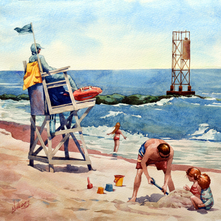 Watercolor painting of a beach scene, with ocean in the backgrond