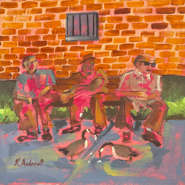 three figures sitting outdoors pink undertones with red brick wall and geese