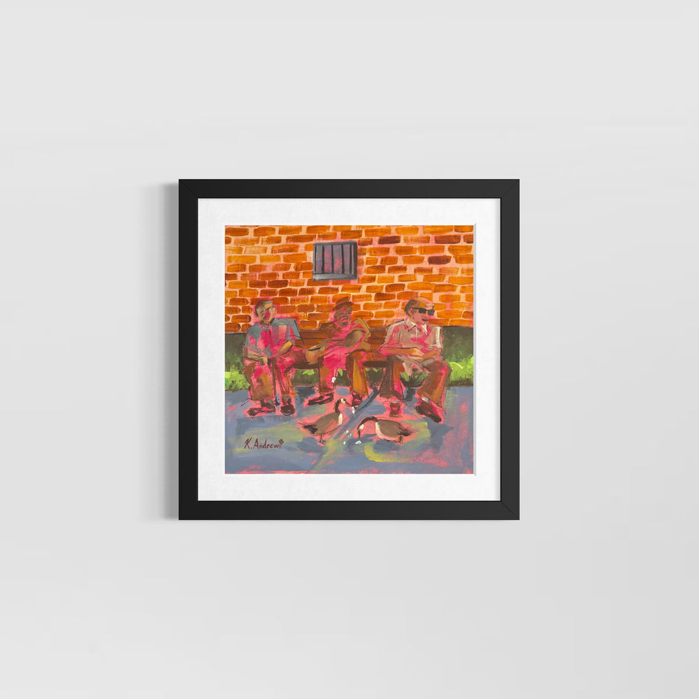 three figures sitting outdoors pink undertones with red brick wall and geese