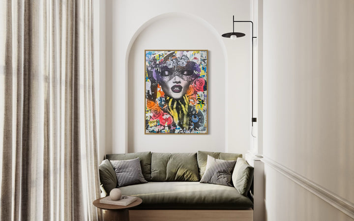 36"W x 48"H Acrylic paint, spray paint, wheat-paste, vintage advertisements, printed fragments on canvas. Woman&