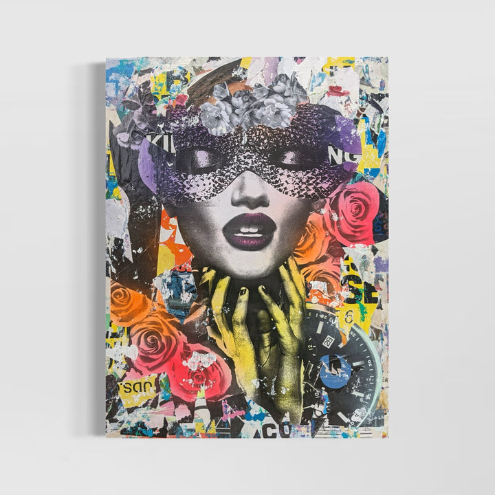 36"W x 48"H Acrylic paint, spray paint, wheat-paste, vintage advertisements, printed fragments on canvas. Woman&
