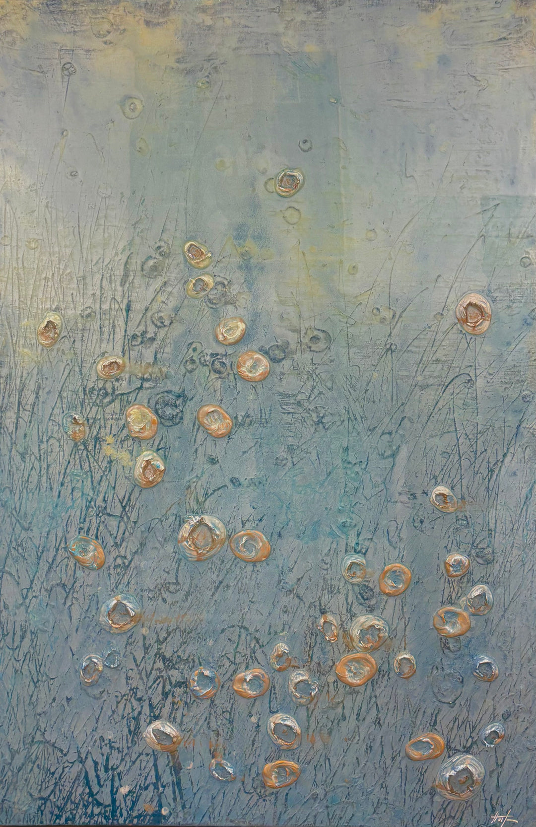 Abstract landscape in cold blue ice white colors organic silver blob spots of 3 dimensional paint resin  textured  layered  by eric heitmann