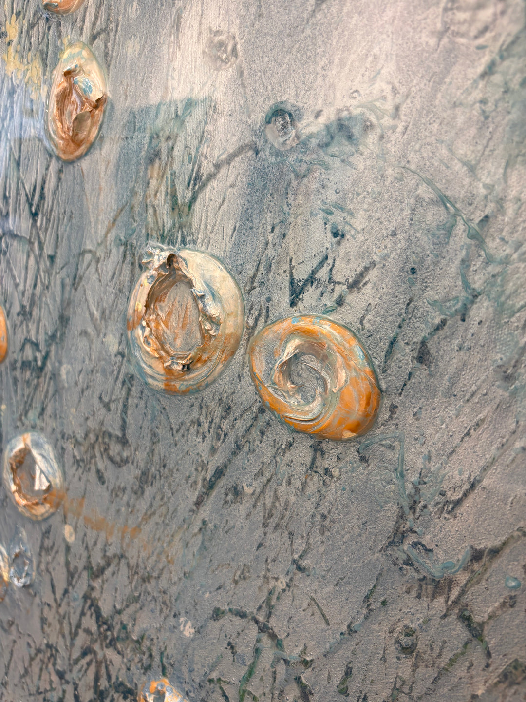 Abstract landscape in cold blue ice white colors organic silver blob spots of 3 dimensional paint resin  textured  layered  by eric heitmann