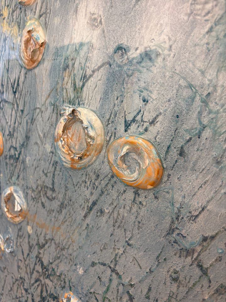 Abstract landscape in cold blue ice white colors organic silver blob spots of 3 dimensional paint resin  textured  layered  by eric heitmann