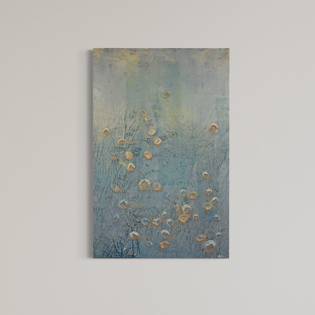 Abstract landscape in cold blue ice white colors organic silver blob spots of 3 dimensional paint resin  textured  layered  by eric heitmann