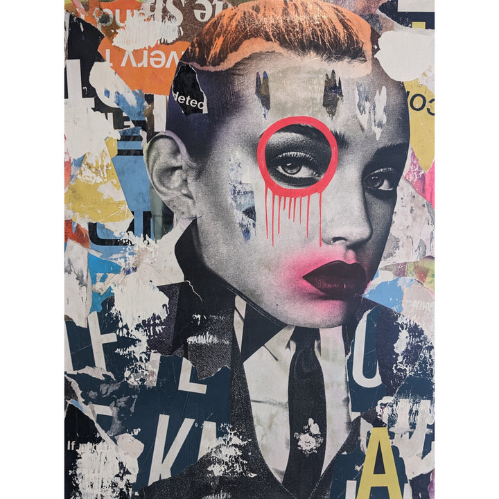 30"W x 40"H Acrylic paint, spray paint, wheat-paste, vintage advertisements &amp; printed fragments on canvas. A woman&