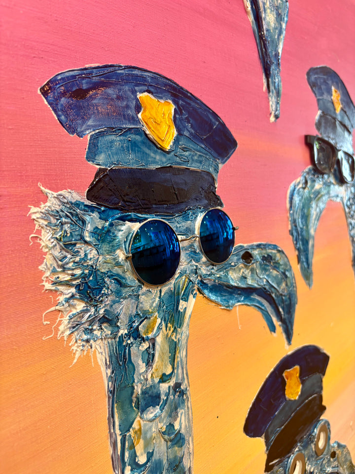 48" x 48" acrylic on canvas painting of blue birds with hats and eyes made of washers over a pink and yellow gradient background. 