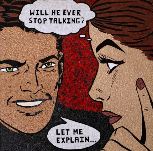 woman side profile with brown hair looking at man talking with thought bubble man smiling talking with speech bubble text on red background glass mosaic print 