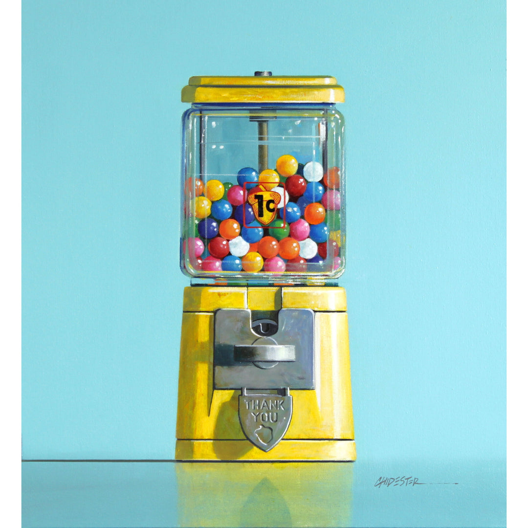 Realistic painting of a yellow vintage 1 cent gumball machine with rainbow gumballs. 20"x22" oil on canvas. Minimalist blue background.