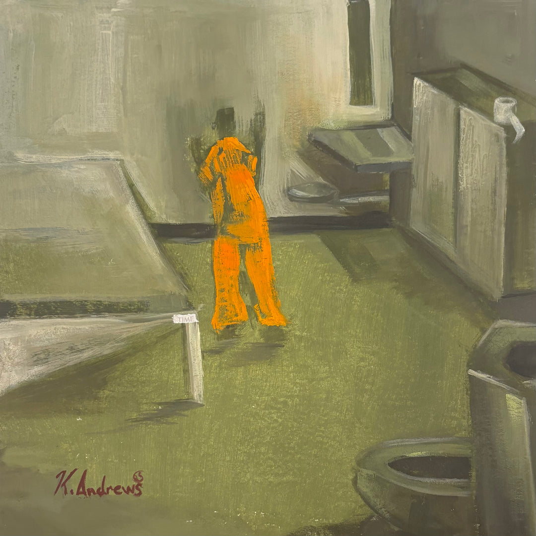 figure in bright orange in muted green prison cell 