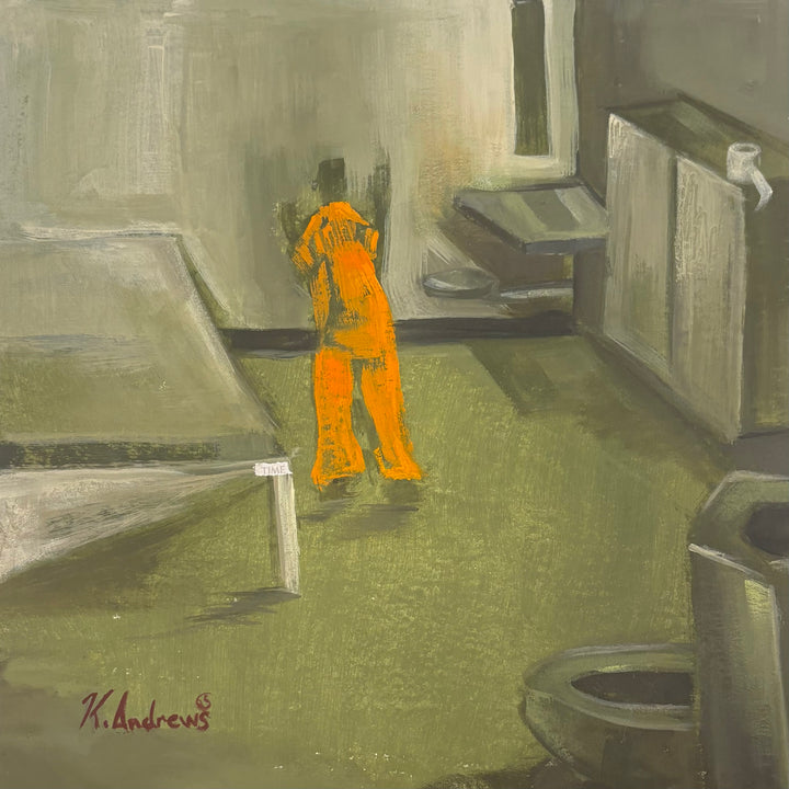 figure in bright orange in muted green prison cell 