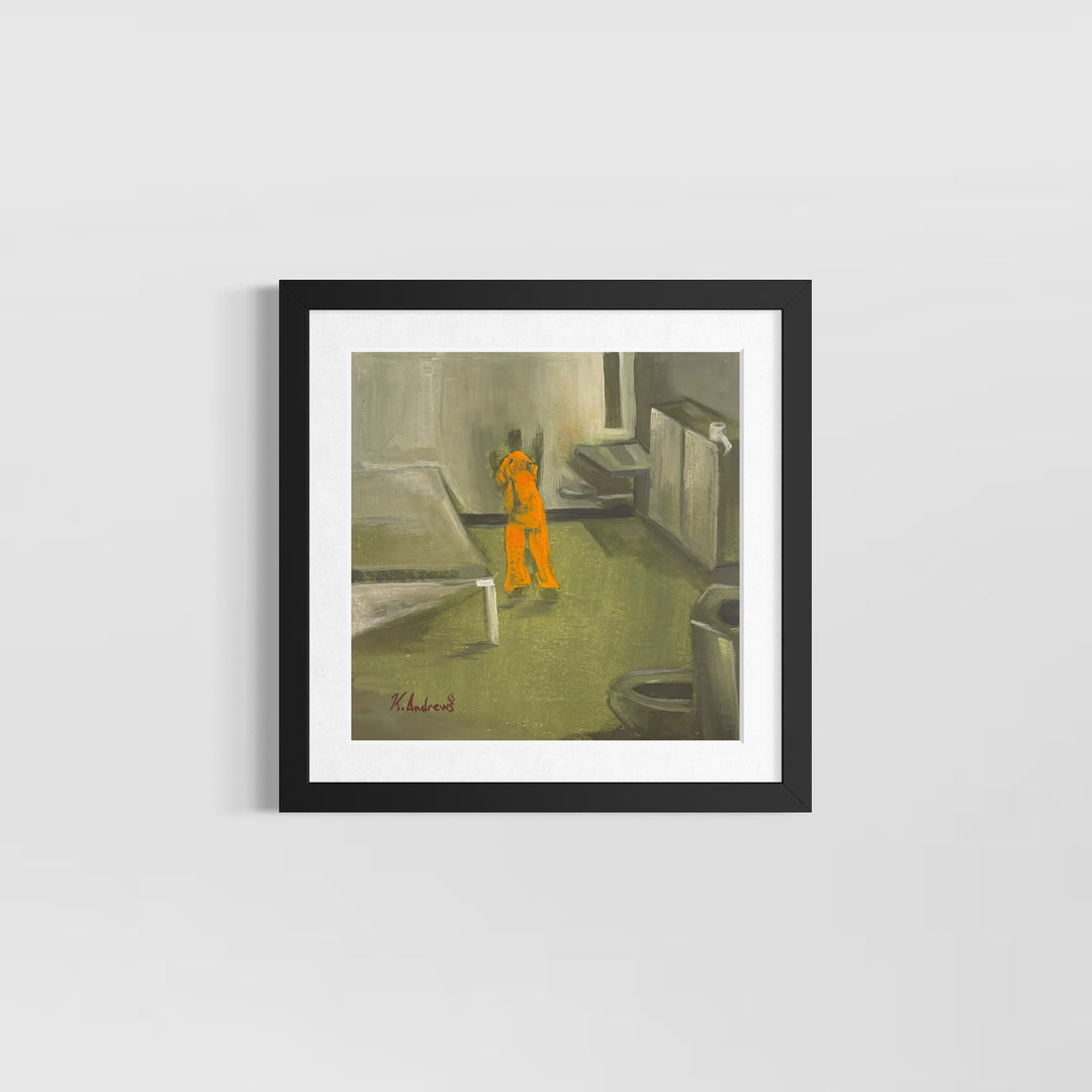 figure in bright orange in muted green prison cell 