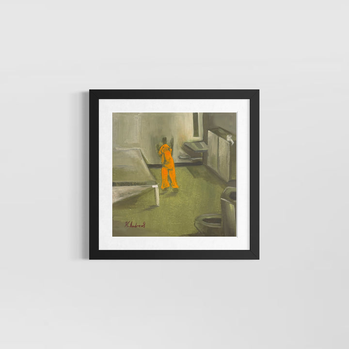 figure in bright orange in muted green prison cell 
