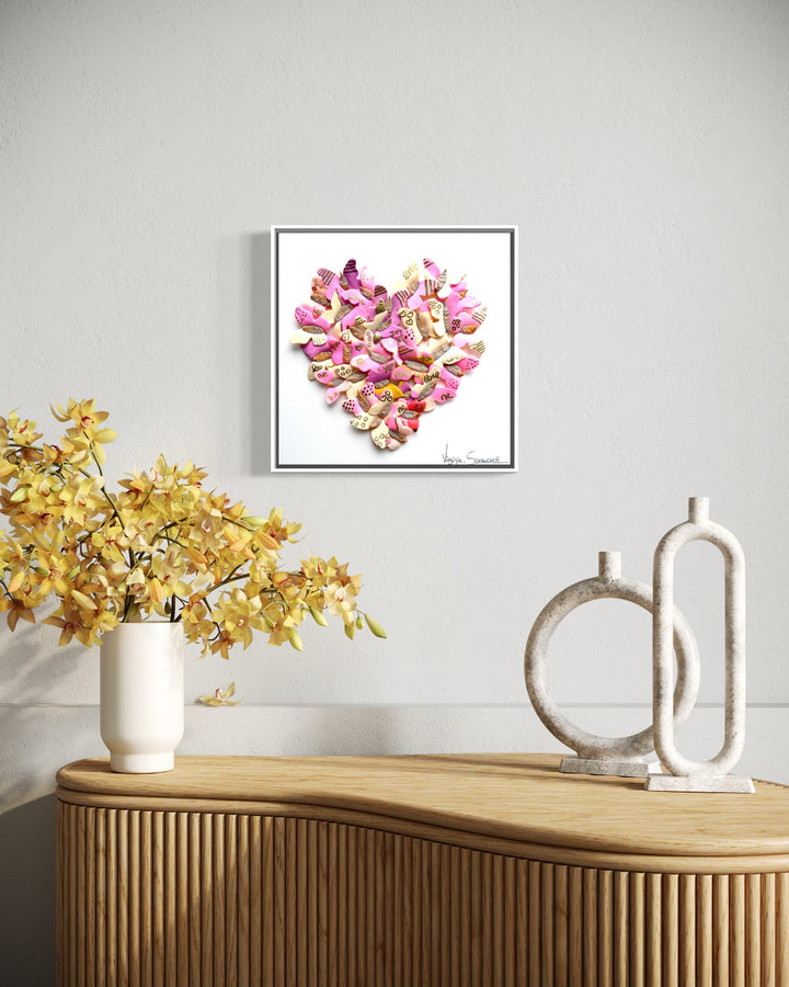 3 dimensional textured artwork of butterflies with text and floral collage on white background with pink and beige clay model paste acrylic in heart shape