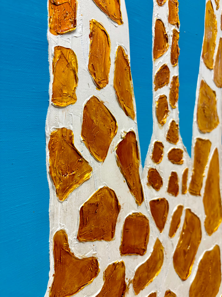 60" x 60" acrylic on canvas painting of giraffes with hats and sunglasses over a blue gradient background. 