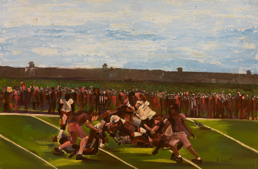 figures piled on football field and crowds standing by with blue sky and green grass tones of red and brown
