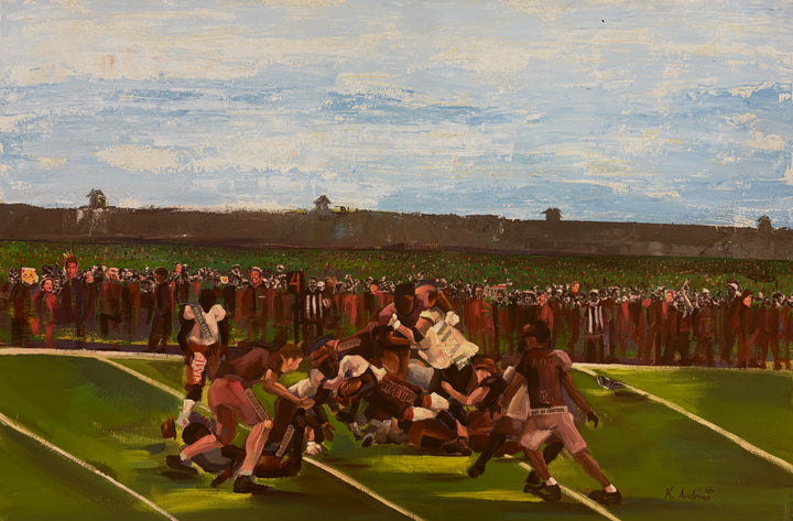 figures piled on football field and crowds standing by with blue sky and green grass tones of red and brown