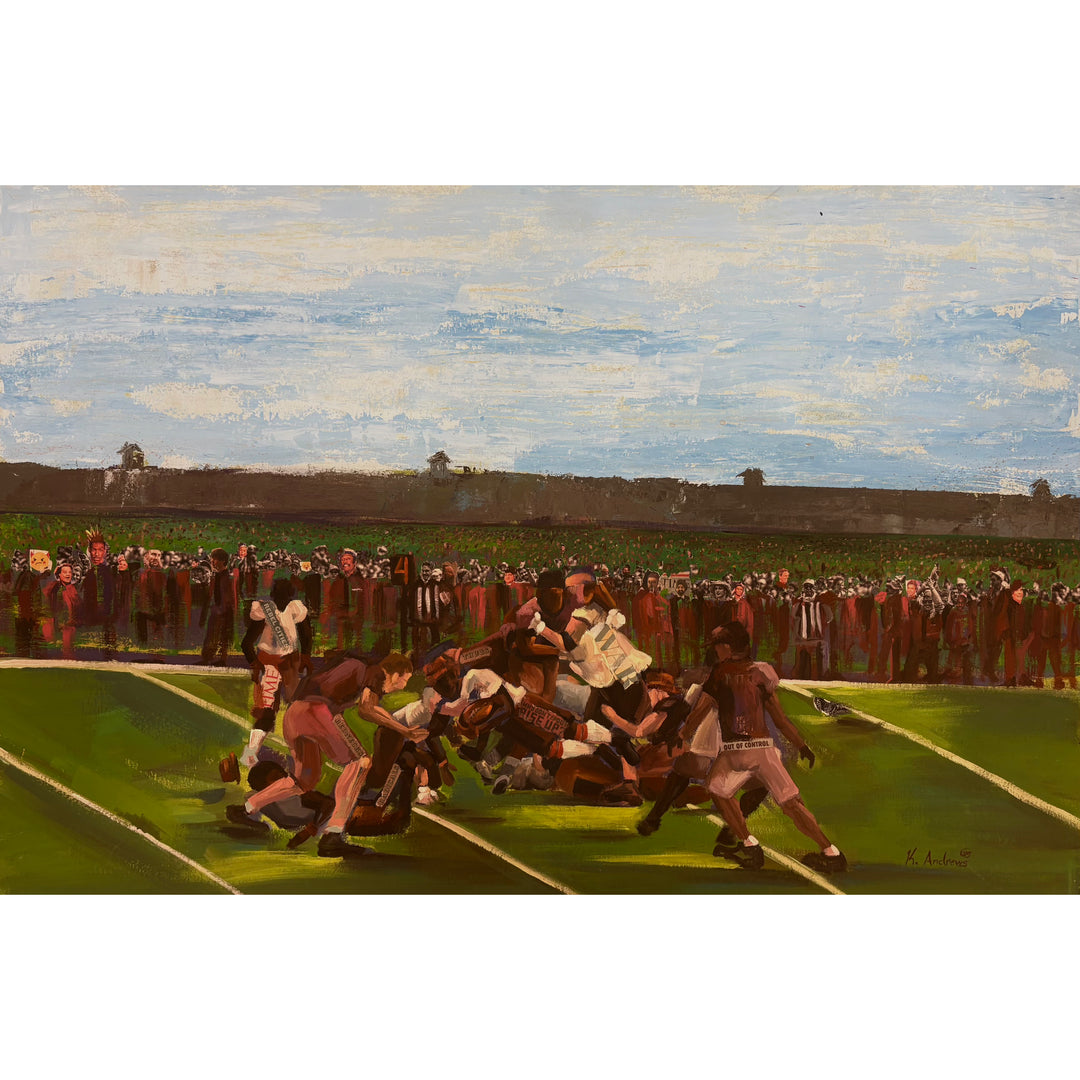 figures piled on football field and crowds standing by with blue sky and green grass tones of red and brown