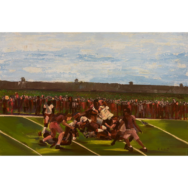 figures piled on football field and crowds standing by with blue sky and green grass tones of red and brown
