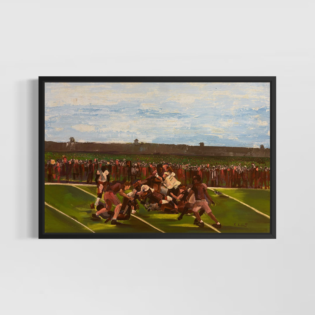 figures piled on football field and crowds standing by with blue sky and green grass tones of red and brown
